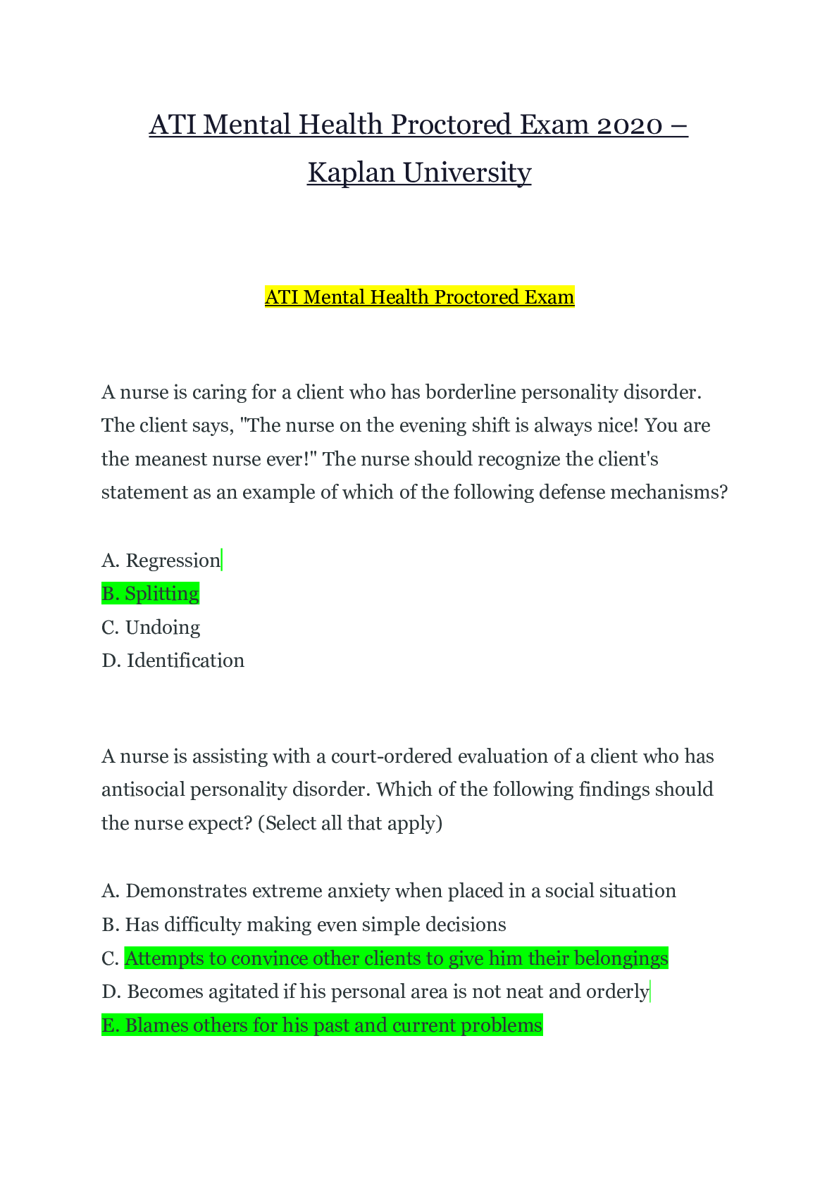 Preview image for ATI Mental Health Proctored Exam– Kaplan University . Contains 12 Q&A